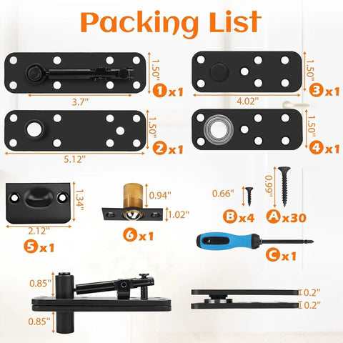 Heavy Duty Door Hinge Kit With 360 Degree Pivot For Bookcase And Secret Murphy Door Built To Last 570 Lbs Load Bearing Thickened Solid Alloy Steel Rust Resistant Invisible Hinge For Concealed Entry, packing list with parts and sizes