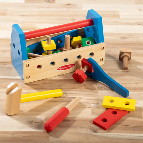 Take Along Tool Kit Wooden Construction Toy Set For Little Builders With 24 Pieces Including Hammer, Wrench, Screwdriver, Nails