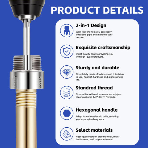 Four In One Water Pipe Wrench And Pipe Tapping Tool Set product details on durable steel construction and threading features.