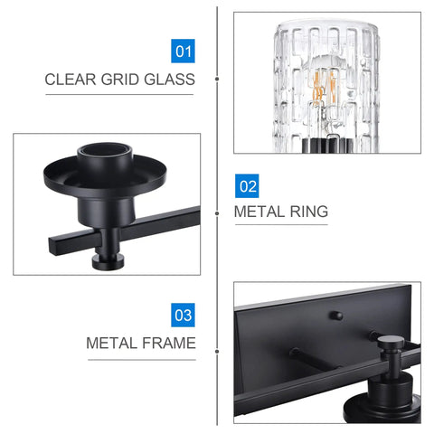 3 Light Black Matte Finish Vanity Light With Dope Clear Grid Glass Shade E26 Base Detail Components View