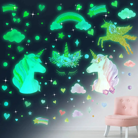 Stars Wall Decals Set With Unicorn And Clouds Glow In The Dark for bedroom ceiling decor, 147 pieces with rainbows and hearts