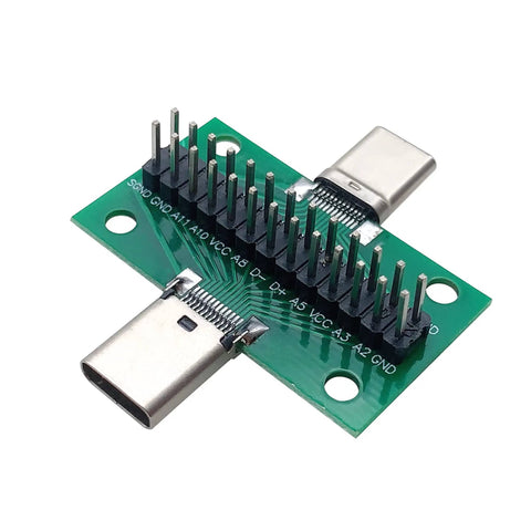 USB C Breakout Test Board 2 Pack Solderless Pins 24 Pin 2.54mm Double Sided Socket With Pin Header Connector For Date Line Wire Cable Transfer Type C Male To Female Plug And Play Ready shown with pins and connectors.