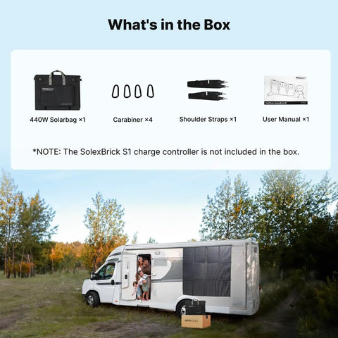 440W Portable Solar Panel System With Foldable Solar Bag and accessories displayed next to RV in a forest setting.