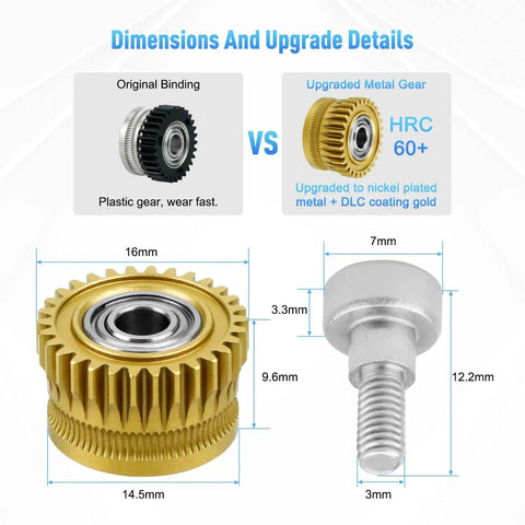 Beefed Up All Metal Filament Drive Upgrade Two Pack Nickel Plated Hardened Steel Extruder Gears Kit For Creality K1 K1 Max K1C And Ender Series Heat Treated To 55 HRC For Durability, close-up view showing dimensions of metal gear versus plastic gear.