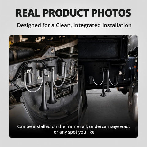 Badass 12V Dual Trumpet Air Horn Kit Includes Two Mini Compressors And Durable Hoses Ultra Loud Train Tone showing installation on truck frame.