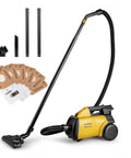 Lightweight Canister Vacuum Cleaner With Hella Powerful 1200 Watt Suction For Carpets Hard Floors And Stairs Comes With Five Dust Bags For Zero Sweat Whole House Cleanup Moves Smooth Yellow accessories and dust bags.