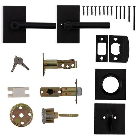 Heavy Duty Entry Lever Door Handle Set With Single Cylinder Deadbolt Lock For Front Door Or Office Reversible Modern Iron Black