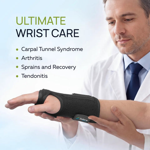 Doctor fitting Carpal Tunnel Wrist Brace With Two Straps And Metal Splint Stabilizer for pain relief on a patient's arm