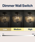 Boho Farmhouse 3 Light LED Semi Flush Mount Ceiling Chandelier with dimmer wall switch in low, medium, high brightness