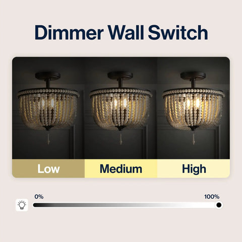 Boho Farmhouse 3 Light LED Semi Flush Mount Ceiling Chandelier with dimmer wall switch in low, medium, high brightness