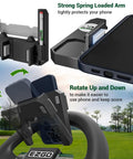 Go To Golf Cart Steering Wheel Phone Mount For Club Car EZGO Yamaha with scorecard holder, showing spring loaded arm and phone rotation feature