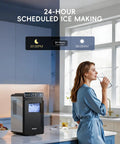 Woman using Ultra Slim Countertop Ice Maker With Full Color Panel, Internal LED Lights, 26 Lbs Per 24 Hours in kitchen
