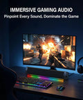 Immersive RGB Gaming Desktop Speakers with 3 Customizable Sound Modes, USB powered monitor speakers on gaming desk.