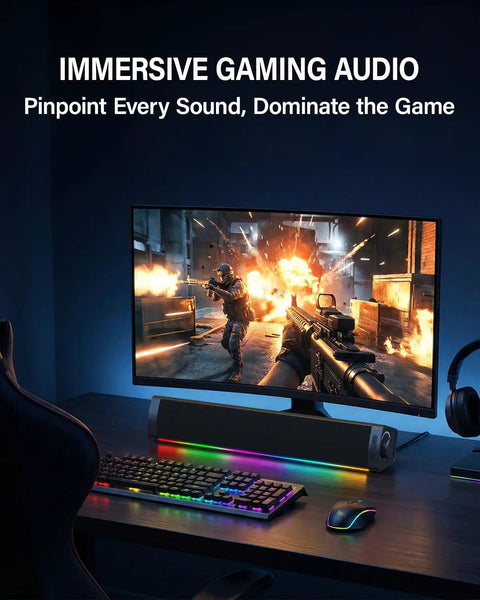 Immersive RGB Gaming Desktop Speakers with 3 Customizable Sound Modes, USB powered monitor speakers on gaming desk.