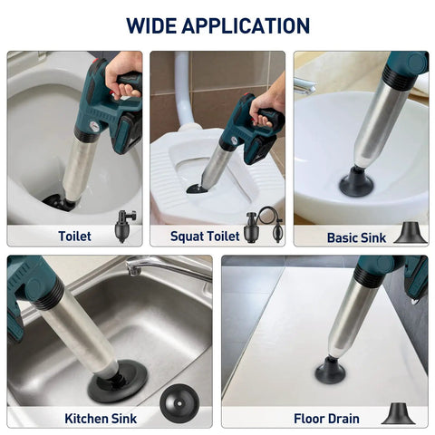 Electric Toilet Plunger Heavy Duty Portable Battery Powered 80 PSI Clog Buster For Bathroom And Kitchen Sink shown in various uses