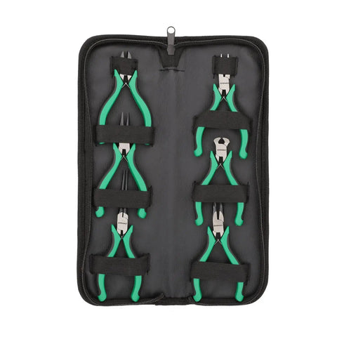 Compact 6 Piece Mini Pliers Set With Comfort Grip And Leather Storage Bag for Tight Spots and On The Go Use shown in case