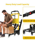 Huge Upgrade Electric Stair Climber Dolly boasting 440 Pound Max Load And Three Adjustable Speeds For Smooth Moves in use with safety belt.