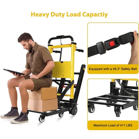Huge Upgrade Electric Stair Climber Dolly boasting 440 Pound Max Load And Three Adjustable Speeds For Smooth Moves in use with safety belt.