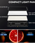 Exploded view of 2-Pack 25W LED Video Lighting Kit with 356 LEDs, light diffuser, and reinforced border, showing high CRI comparison.