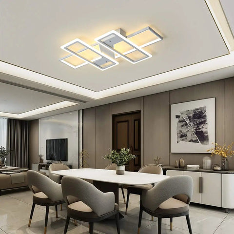 Four Square Dimmable LED Ceiling Light With Remote Control For Living Room, Bedroom, Dining And Kitchen 80W Acrylic Flush Mount Fixture, Sleek Dope Modern Square Design, Color Temperature Adjustable From Cool White To Warm White in dining room setting