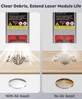Air Assist for Laser Cutter front view; left with air assist on wood snowflake, right without air assist; includes lens image.