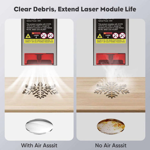 Air Assist for Laser Cutter front view; left with air assist on wood snowflake, right without air assist; includes lens image.