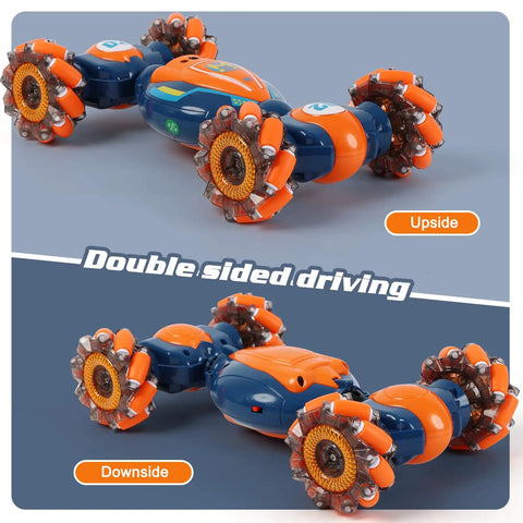 4WD Gesture Control RC Stunt Car For Kids, Hand Sensing Remote Car With Lights And Music, double-sided design, blue and orange
