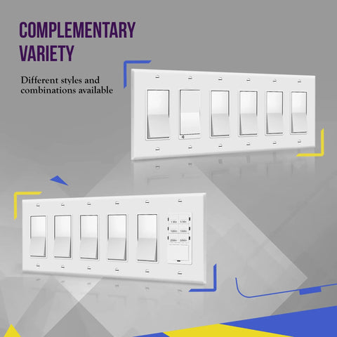 Six-Gang Decorator Wall Plate For Light Switch And Receptacle White 4.50 By 11.81 Inches Polycarbonate Thermoplastic Construction