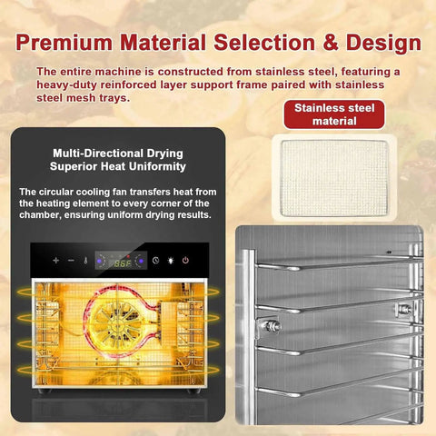 Built Tough Eight Tray Food Dehydrator Large Capacity Machine With Stainless Steel Racks, digital controls, and drying fan concept.