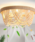 Stylish Boho Fandelier Ceiling Fan With Built In Light And Wireless Remote Six Speeds Low Profile Flush Mount with wood beads.