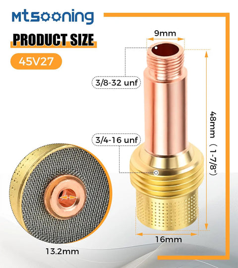 Pro Grade Tig Welding Consumables Kit With Gas Lens Collet Bodies And Copper Collet Tips For WP 17 18 26 Series Torches, dimensions 45V27 gas lens