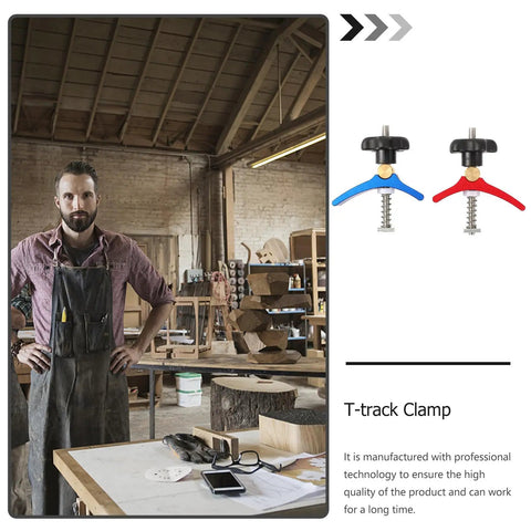 Woodworker in workshop with T Track Hold Down Clamp Set With T Slot Clips And T Screws Quick Act Carpentry Track Clamps For Woodworking And DIY Kit Two Pieces In Blue And Red shown on side