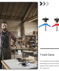 Woodworking Hold Down Clamp Set With T Slot Clips And Track Clamp System For Carpenter Use Pro Grade T Track Clamps With Blue And Red Pressure Plates displayed in a workshop.