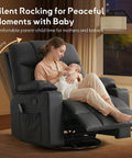 Woman and baby sitting on oversized swivel rocker recliner with heated massage, 40 inch PU leather, dual cup holders, black finish.