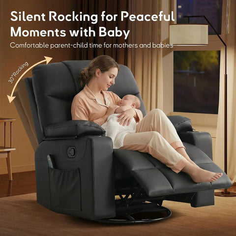 Woman and baby sitting on oversized swivel rocker recliner with heated massage, 40 inch PU leather, dual cup holders, black finish.
