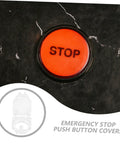 Two Pack Emergency Stop Button Cover Guards For Machines on marble background with visible push button and transparent guard overlay.