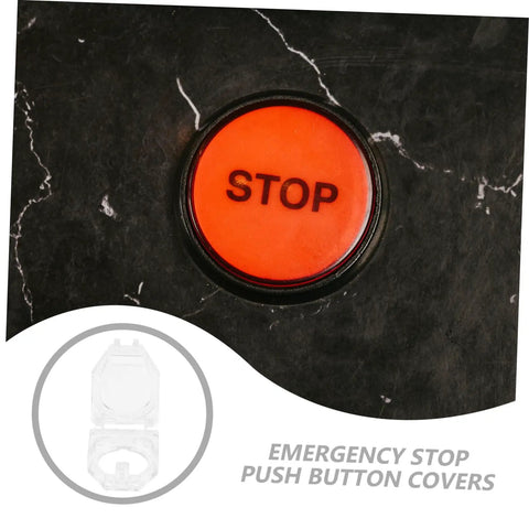 Two Pack Emergency Stop Button Cover Guards For Machines on marble background with visible push button and transparent guard overlay.