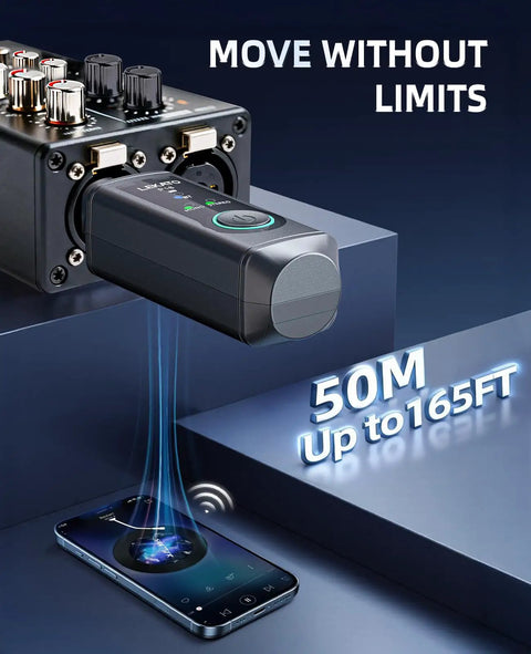 XLR Bluetooth Receiver For Mixers And PA Speakers, BT 5.3, 24 Bit 48 KHz Studio DAC, 165 Ft Range illustration with smartphone.