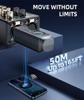 XLR Bluetooth Receiver Pro Pack for Mixing Consoles and PA Systems connected to console, showing Bluetooth 5.3 range to phone.