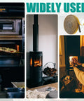 Fiberglass rope fireplace gasket roll, self-adhesive, 6.56 ft, shown with wood stove and lit fireplace scenes