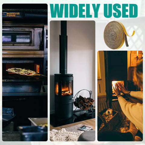 Fiberglass rope fireplace gasket roll, self-adhesive, 6.56 ft, shown with wood stove and lit fireplace scenes