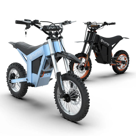 Full Send Electric Dirt Bike Built Around A Mean 2000W Motor And Tough 21Ah Battery Hits 37 Mph Using Three Speed Modes in blue and black.