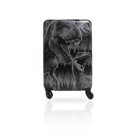 20 inch kids dinosaur carry on luggage featuring Jurassic World graphics with durable hard shell and spinner wheels for easy travel.