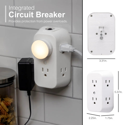 Two Pack Six Outlet Wall Tap Extender With Grounded 3 Prong Outlets Resettable Circuit Breaker Space Saving Side Access Sockets For Tight Spaces Fits Bulky Adapters And Standard Plugs UL Listed White