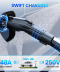Image of Straight Up Tesla NACS To J1772 EV Charging Adapter 48 Amp 250 Volt connecting to vehicle's charging port.