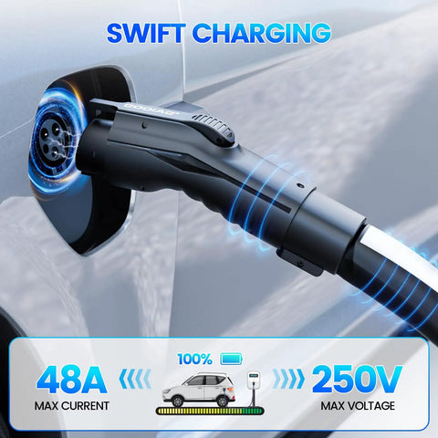 Image of Straight Up Tesla NACS To J1772 EV Charging Adapter 48 Amp 250 Volt connecting to vehicle's charging port.