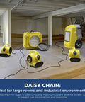Daisy chain setup of 600 CFM Air Mover Blower For Industrial, Workshop, And Home Use, 3 Speeds, 5 Adjustable Angles, GF600A Yellow.