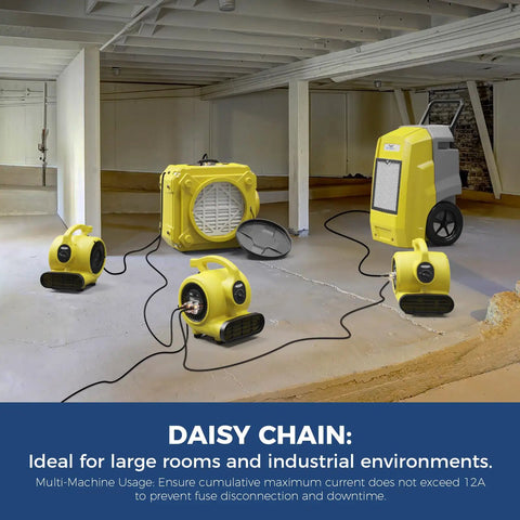 Daisy chain setup of 600 CFM Air Mover Blower For Industrial, Workshop, And Home Use, 3 Speeds, 5 Adjustable Angles, GF600A Yellow.