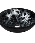 Tartaruga Dope Round Glass Vessel Sink Hand Painted Black And Silver Tempered Glass For Above Counter Bathroom Install 16.5 X 5.75 Inches With 1.75 Inch Drain Opening Scratch And Stain Resistant Lifetime Warranty showcasing unique black and silver pattern, angled view.