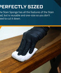 Close-up of hand using Stain Sponge Set 3 Pack For Wood Finishes And All Stains on a wooden surface, no lint or splatter.